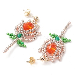 ガラスシードビーズダングルスタッドピアス  真鍮製スタッドピアス  花  オレンジ  44x19.5mm&nbsp;EJEW-MZ00326-03