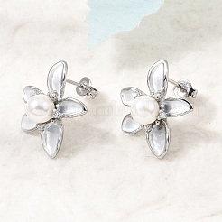 真鍮マイクロパヴェジルコニアエナメルスタッドピアス  花  absプラスチックパール  カドミウムフリー＆鉛フリー  ラックめっき  長持ちメッキ  プラチナ  20.5x18mm&nbsp;CU-CBABA66-12C-P
