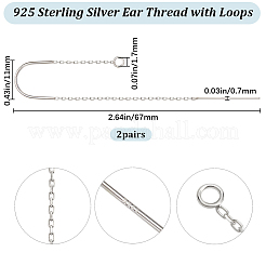 スターリングシルバーのスタッドピアス金具2組  ループ付きアメリカンチェーンピアス  銀  67x11mm  穴：1.7mm  ピン：0.7mm&nbsp;STER-BBC0007-08