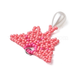 ガラスシードビーズの蝶のペンダント  304ステンレススチールのジャンプリングとティアドロップ型の模造真珠のアクリルビーズ付き  ピンク  37x37.5x8mm  穴：3.5mm&nbsp;PALLOY-MZ00484-02
