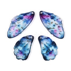 透明エポキシ樹脂ペンダント  花柄のチャームが付いた羽  金箔  コーンフラワーブルー  39x19x2.5mm  穴：1mm&nbsp;RESI-T057-30C