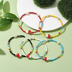 ガラスの種とプラスチックのキノコのビーズのストレッチブレスレット（女性用）  ミックスカラー  内径：2-1/4インチ（5.6~5.8cm）&nbsp;BJEW-JB10185