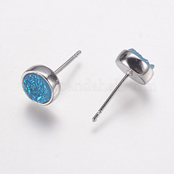 レジン模造ドゥルージークオーツピアス  フラットラウンド  プラチナ  ライトスカイブルー  8x15.5~16mm  ピン：0.8mm&nbsp;EJEW-E226-01P-01