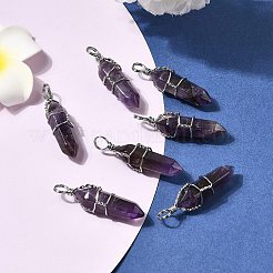 天然アメジストの両端が尖ったペンダント  真鍮製のペンダントのセッティングで  多面カット  弾丸  白金金属色  35~45x10~13mm  穴：3mm&nbsp;G-J062-02P
