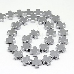 電気メッキ磁気無し合成ヘマタイトビーズ連売り  クロス  プラチナメッキ  10x10x4mm  穴：1mm  約：39個/連  15.7インチ&nbsp;G-I096-03