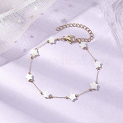 316ステンレススチールペーパークリップチェーンブレスレット  スターナチュラルホワイトシェルリンクチェーンブレスレット  18KGP本金メッキ  7-1/8インチ（18cm）&nbsp;BJEW-JB10927