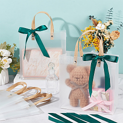 透明なつや消しPVCプラスチックギフトトートバッグ（緑のリボン付き）  結婚式の誕生日のベビーシャワーのため  リサイクルバッグ  正方形  正方形  20x20x8cm&nbsp;ABAG-WH0048-68B