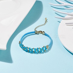 女性のためのガラス編組フラワー リンク ブレスレット  ディープスカイブルー  7-3/8インチ（18.6cm）&nbsp;BJEW-TA00130-02