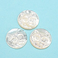 ナチュラルシーシェルカボション  虎の彫刻が施された平円形  ホワイト  17x17.5x3mm&nbsp;SHEL-D079-23