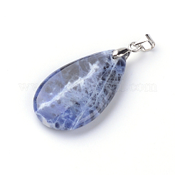 天然石ソーダライトペンダント  真鍮パーツ  ティアドロップ  プラチナ  30x18x6mm  穴：5x4mm&nbsp;X-G-Q484-A01