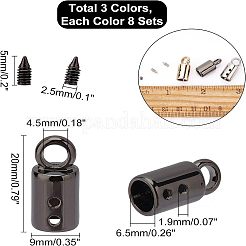 24セット3色の合金コードエンド  ネジ付き  コラム  ミックスカラー  20x9mm  穴：1.9mm＆4.5mm  内径：6.5mm  8セット/カラー&nbsp;FIND-CA0003-61