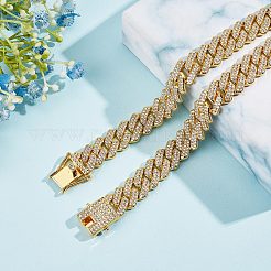 クリスタル ラインストーン テニス ネックレス  女性のためのスナップロック付き合金キューバチェーンネックレス  ゴールドカラー  16インチ（40.7cm）&nbsp;NJEW-WH0009-13