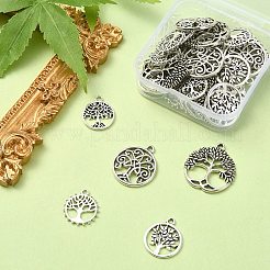 50pcs5スタイルチベットスタイルアロイペンダント  命の木とフラットラウンド  アンティークシルバー  18~23.5x16~20x1.5~3mm  穴：1.8~2mm&nbsp;TIBE-YW0001-35