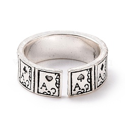 ラインストーン スペードのエース ポーカー 模様 オープン カフ リング  女性のためのレトロな合金ジュエリー  アンティークシルバー  usサイズ7 1/4(17.5mm)&nbsp;RJEW-I088-01AS