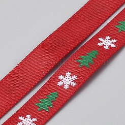 5ヤードのクリスマスツリーと雪の結晶のプリントポリエステルグログランリボン  レッド  3/8インチ（10mm）&nbsp;SRIB-WH0072-05A