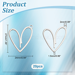 304ステンレススチールペンダント20個  ハートチャーム  ステンレス鋼色  27x24x1.5mm  穴：2mm&nbsp;STAS-UN0049-25