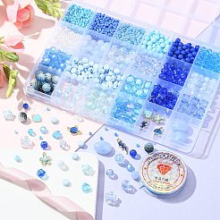 DIYチャームブレスレット作成キット  オーバル & ラウンド & イミテーション パール アクリル & プラスチック & ガラス シード ビーズを含む  稲妻 & 花 & ハート 合金エナメル チャーム  ブルー  1157個/袋&nbsp;DIY-FS0003-28
