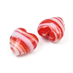 手作りランプワークビーズ  ストライプのある心  レッド  12~13x12~13x8~8.5mm  穴：1.6~1.8mm&nbsp;LAMP-K047-01A