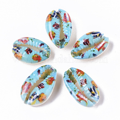 プリントされた天然のカウリーシェルビーズ  穴なし/ドリルなし  花柄  ライトスカイブルー  18~25x12~15x7mm&nbsp;X-SSHEL-R047-01-C01