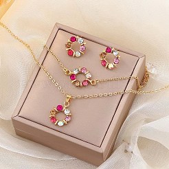 リング合金ラインストーンペンダントネックレス＆ブレスレット＆スタッドピアスセット  ゴールドカラー  ネックレス：長さ475mm&nbsp;WG4EA96-03