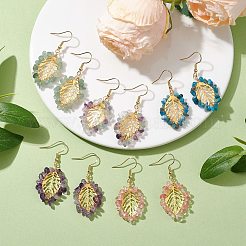 天然と合成の混合ジェムストーンチップダングルイヤリング  鉄の葉のドロップイヤリング  ゴールドカラー  48x21mm&nbsp;EJEW-JE05695-01