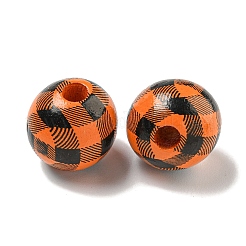 プリントウッドヨーロピアンビーズ  タータン模様のラウンド  ダークオレンジ  15.5~16mm  穴：4~4.5mm&nbsp;WOOD-G022-13B