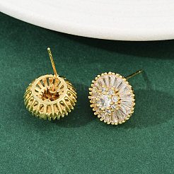 真鍮マイクロペーブクリアキュービックジルコニアスタッドピアス  パヴェクラスターイヤリング  フラットラウンド  18KGP本金メッキ  14.5mm&nbsp;EJEW-K312-05G
