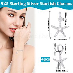 スターリングシルバーのヒトデチャーム4個、925個  丸カンとスタンプ925個付き  銀  13x12x3mm  穴：3.5mm&nbsp;STER-BBC0008-39