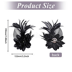 衣服用の花の羽根と鉄のラペルピン  樹脂ビーズとポリエステルを使用  ブラック  190x132mm&nbsp;JEWB-WH0010-114B