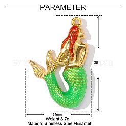 304ステンレススチールエナメルペンダント  人魚のチャーム  イオンプレーティング（ip）  18KGP本金メッキ  ライム  36x24mm&nbsp;STAS-OY002-43G
