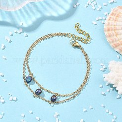 真鍮製アズキチェーンと天然養殖淡水パールをあしらった二重構造のレディースブレスレット  スレートグレイ  7.48インチ（19cm）&nbsp;BJEW-JB14135-02