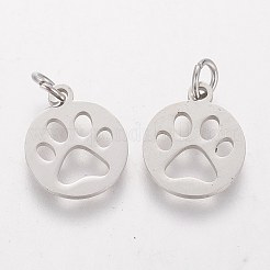 変色しない304ステンレススチールチャーム  犬の足のプリントとフラットラウンド  丸カン付き  ステンレス鋼色  14x12x1.1mm  穴：4mm&nbsp;STAS-Q201-T455S-1