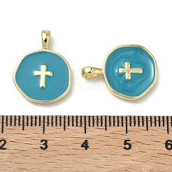 真鍮製エナメルペンダント  ライトゴールド  クロスとフラットラウンド  空色  18x13.5x3.5mm  穴：2x3.5mm&nbsp;KK-G417-01LG-09
