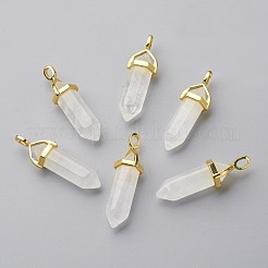 天然水晶水晶の両端が尖ったペンダント  水晶  ランダムアロイペンダント六角形ビーズキャップベイル付き  ゴールドカラー  弾丸  37~40x12.5x10mm  穴：3x4.5mm&nbsp;G-G902-B23