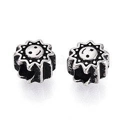 304ステンレス鋼のヨーロッパスタイルの大きな穴のビーズ  太陽と笑顔  アンティークシルバー  10x10x8mm  穴：4mm&nbsp;STAS-T072-114AS