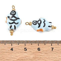 手作りの磁器のペンダント  304ステンレス鋼  手描き  魚のチャーム  イオンプレーティング（ip）  18KGP本金メッキ  ライトスカイブルー  24x12x8mm  穴：1.5mm&nbsp;STAS-Q119-31G-04