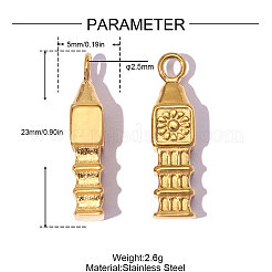 304ステンレスペンダント  イオンプレーティング（ip）  ビッグベンチャーム  鏡面研磨仕上げ  18KGP本金メッキ  23x5mm  穴：2.5mm&nbsp;SA-OY001-73G