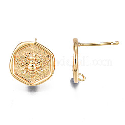 真鍮製スタッドピアスパーツ  カン付き  ニッケルフリー  18KGP本金メッキ  蜂とフラットラウンド  13~13.5x13.5mm  穴：2mm  ピン：0.8mm&nbsp;KK-T038-462G