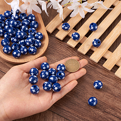 天然木製ビーズ  DIYジュエリーアクセサリー  星柄丸  ブルー  5/8インチ（16mm）  穴：4mm&nbsp;WOOD-TAC0010-04C