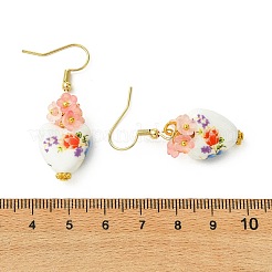 手作りの磁器とアクリルビーズのドロップピアス（女性用）  花とハート  304ステンレススチールピアスフック付き  ゴールドカラー  ライトサーモン  40x14.5mm&nbsp;EJEW-JE07329-01