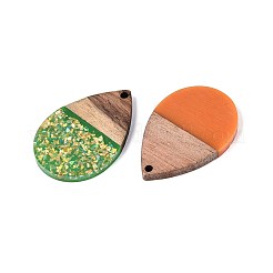 不透明樹脂とクルミ材のペンダント  ティアドロップチャーム  キラキラパウダー＆金箔付き  ミックスカラー  36x24.5x3~3.5mm  穴：2mm&nbsp;RESI-T060-11M