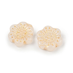 焼き付け塗料と金色の金属で覆われたガラスビーズ  花  アンティークホワイト  17x18.5x5.5mm  穴：1.2mm&nbsp;DGLA-T004-09L