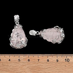 天然石ローズクォーツペンダント  真鍮パーツ  ドロップ  プラチナ  31x19x8mm  穴：4.5x8mm&nbsp;G-P393-P05