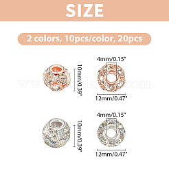 20個2色真鍮ビーズ  クリスタルグレードラインストーン  ロンデル  プラチナ＆ゴールドローズ  12x10mm  穴：4mm  10個/カラー&nbsp;RB-AR0001-07