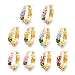 女性用真鍮エナメルフープピアス  花  ラックめっき  長持ちメッキ  鉛フリー＆カドミウムフリー  18KGP本金メッキ  19x20x5mm&nbsp;EJEW-A168-02G