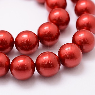 シェルパールビーズ連売り  ラウンド  グレードA  レッド  12mm  穴：1mm  約34個/連  16インチ&nbsp;BSHE-L026-08-12mm-1