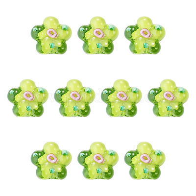 10個の手作りランプワークビーズ  バンピー  花  黄緑  13.5~14x14.5~15x7~8mm  穴：1.4mm&nbsp;LAMP-TADJ0001-01H-1