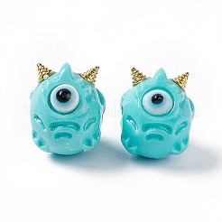 ハロウィーン不透明樹脂ビーズ  ゴールドトーンの合金ホーン付き  単眼モンスター  シアン  13x10.5x12mm  穴：1.8mm&nbsp;RESI-F033-01C