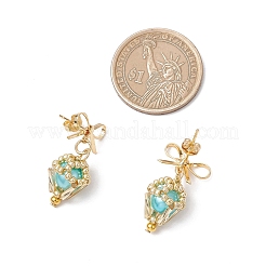 真鍮製ダイヤモンドダングルスタッドピアス  ガラスと  ゴールドカラー  ダークターコイズ  28x16mm&nbsp;EJEW-MZ00465-05