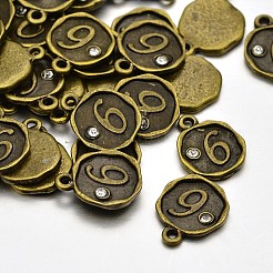 アンティークブロンズ合金ラインストーンチャームをメッキ  numがフラットラウンド。6  ニッケルフリー  13x10x1.5mm  穴：1mm&nbsp;ALRI-J153-06-NF